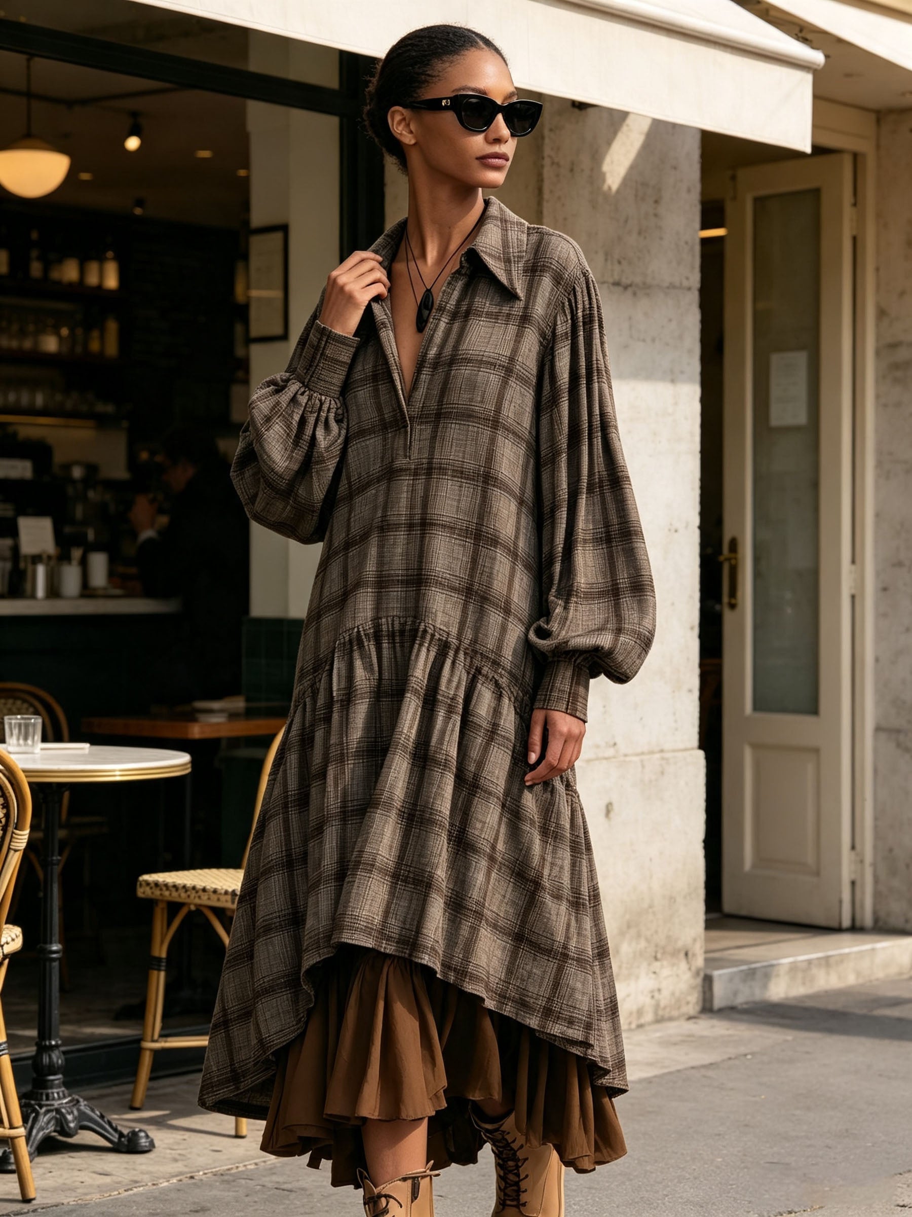 Vintage Plaid Oversized Balloon Sleeve Tiered Shirt Midi Dress