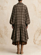 Vintage Plaid Oversized Balloon Sleeve Tiered Shirt Midi Dress