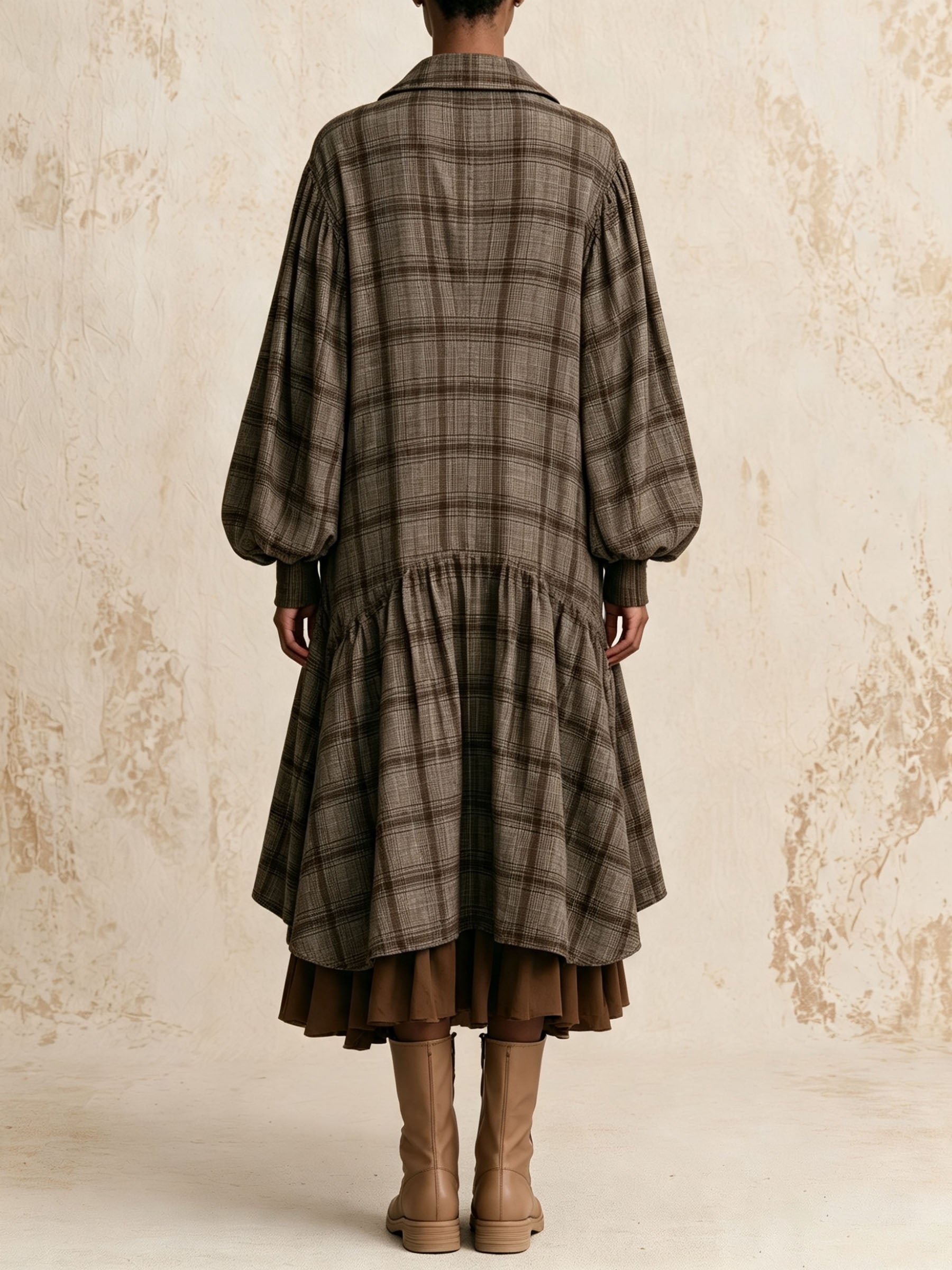 Vintage Plaid Oversized Balloon Sleeve Tiered Shirt Midi Dress