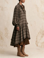 Vintage Plaid Oversized Balloon Sleeve Tiered Shirt Midi Dress