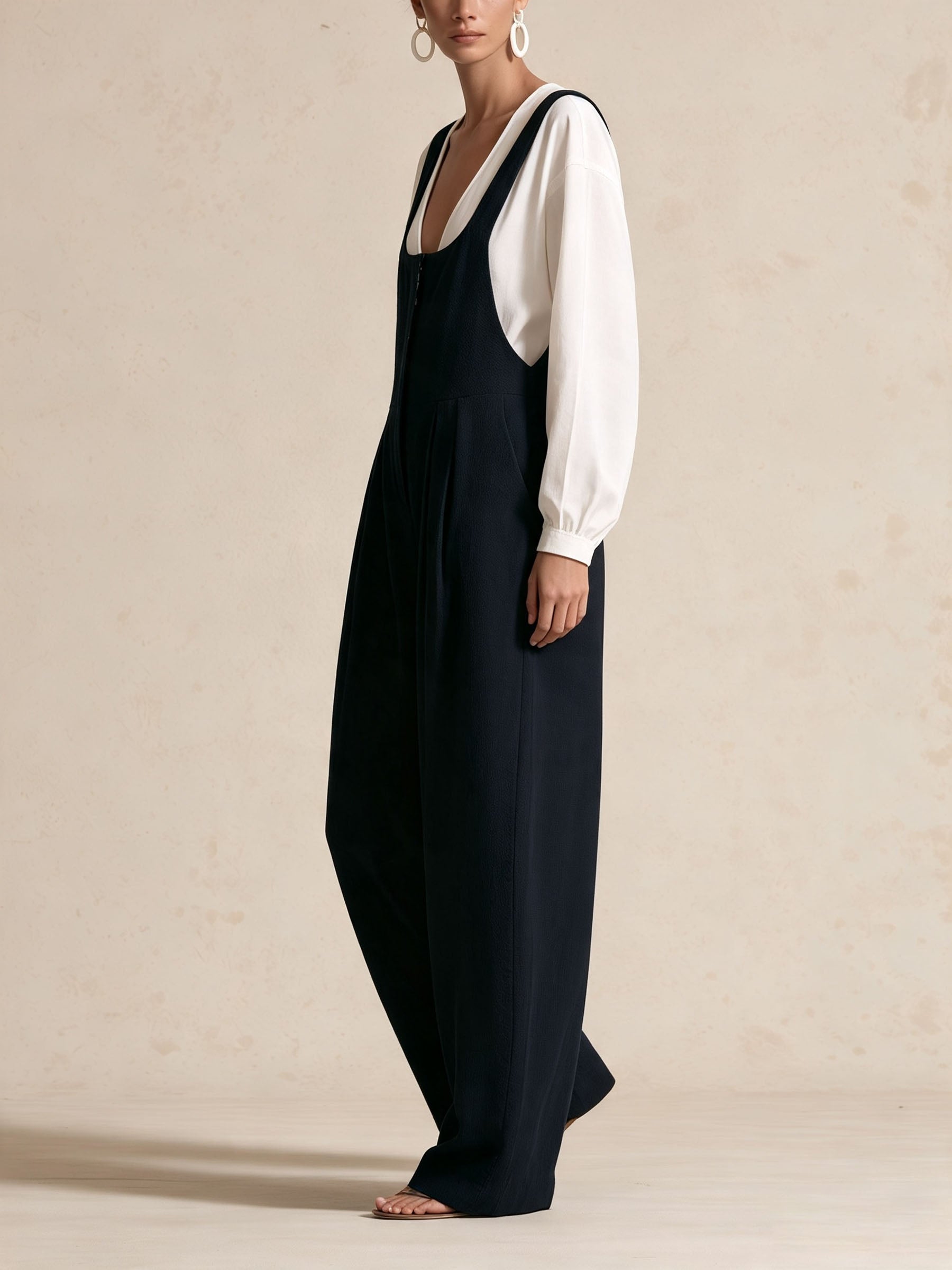 Square Neck Wide Strap Loose Wide Leg Overall Jumpsuit