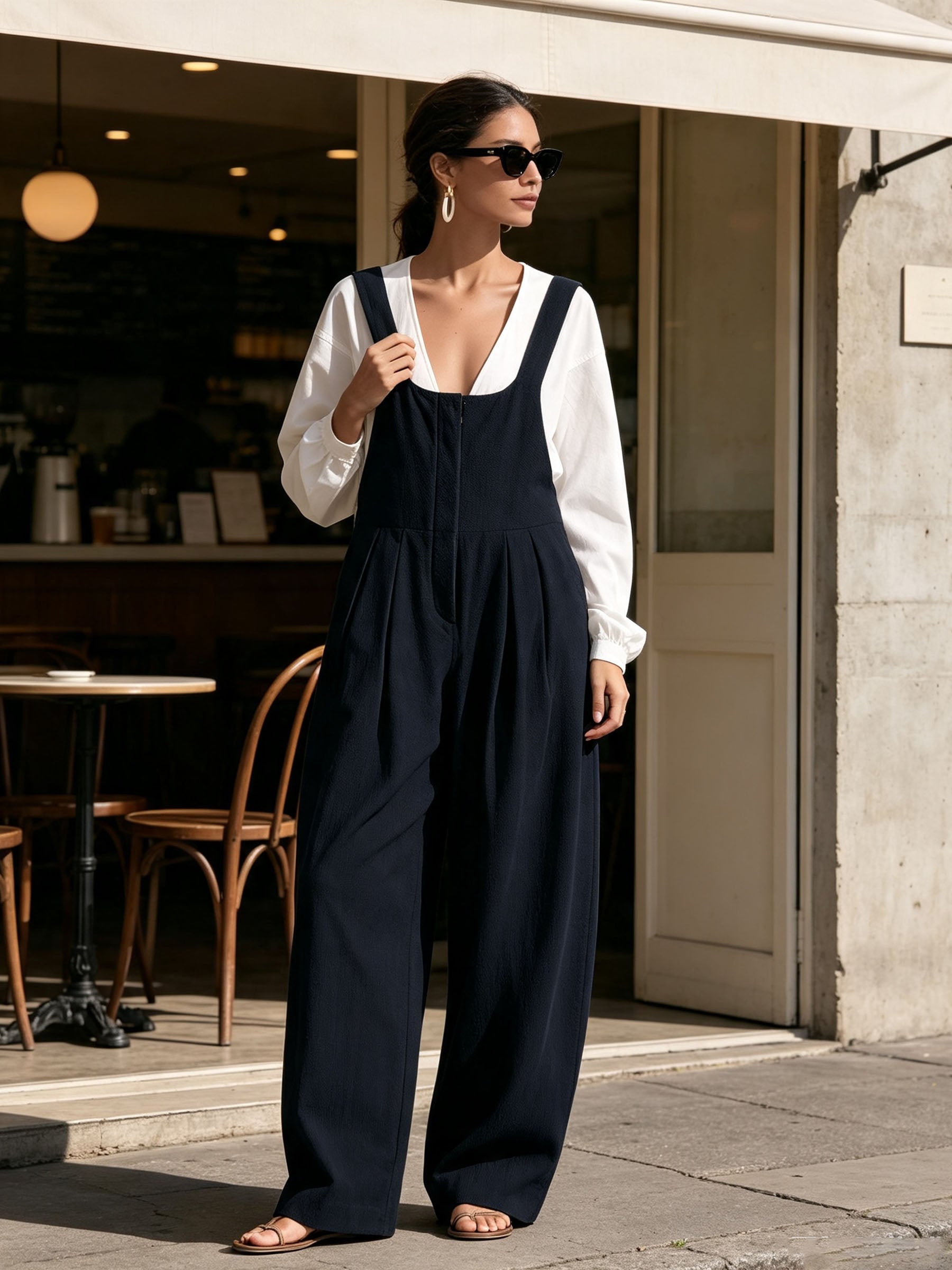 Square Neck Wide Strap Loose Wide Leg Overall Jumpsuit