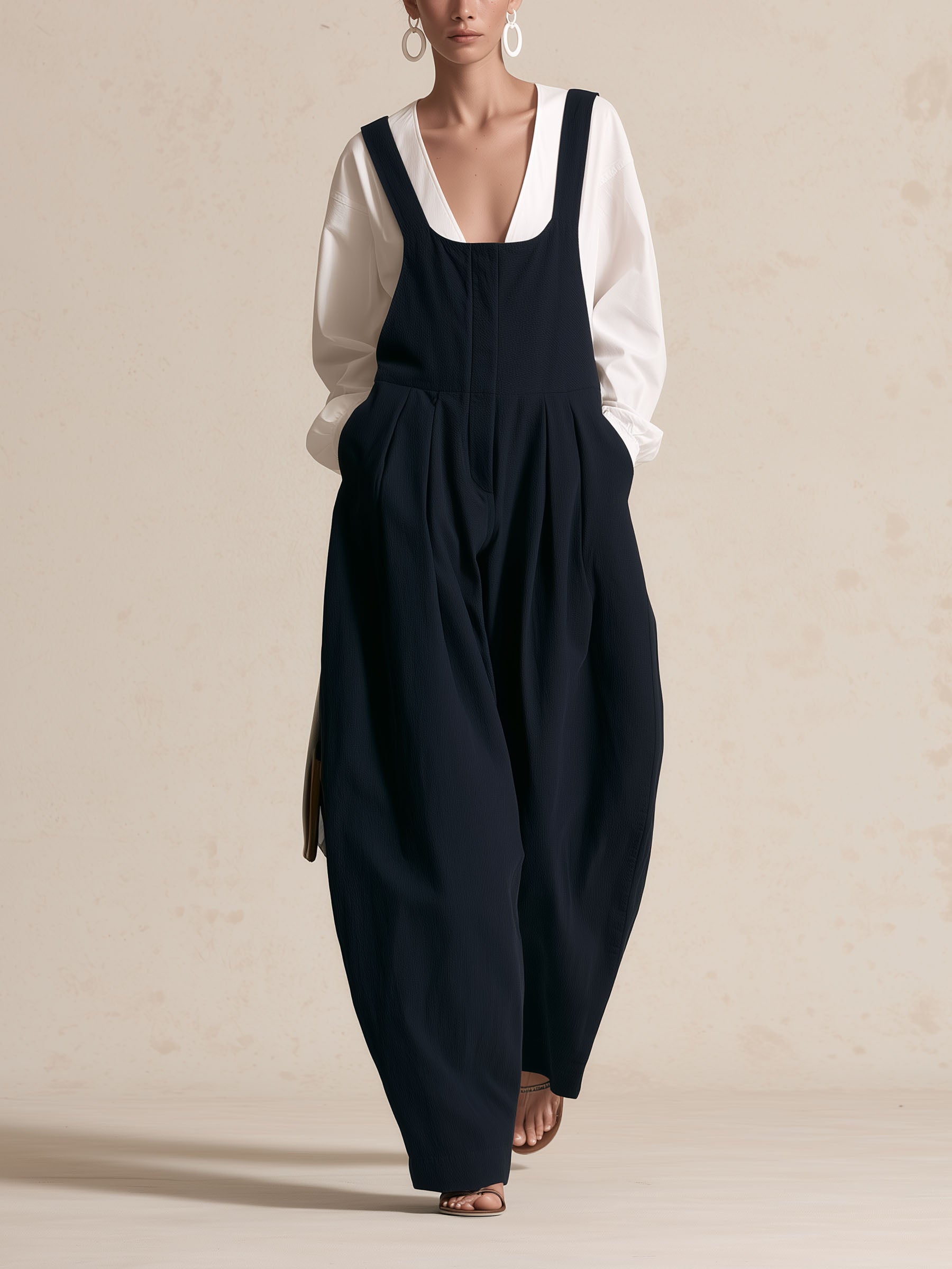 Square Neck Wide Strap Loose Wide Leg Overall Jumpsuit