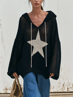 Oversized Mesh Knit Star Hooded Sweater Top