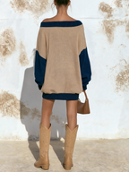 Beige Navy Color‑Block Off‑Shoulder Star Patch Oversized Mini Sweatshirt Dress