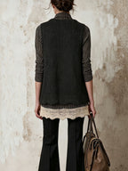 Striped Turtleneck Top & Knit Lace Hem Vest Two-Piece Set