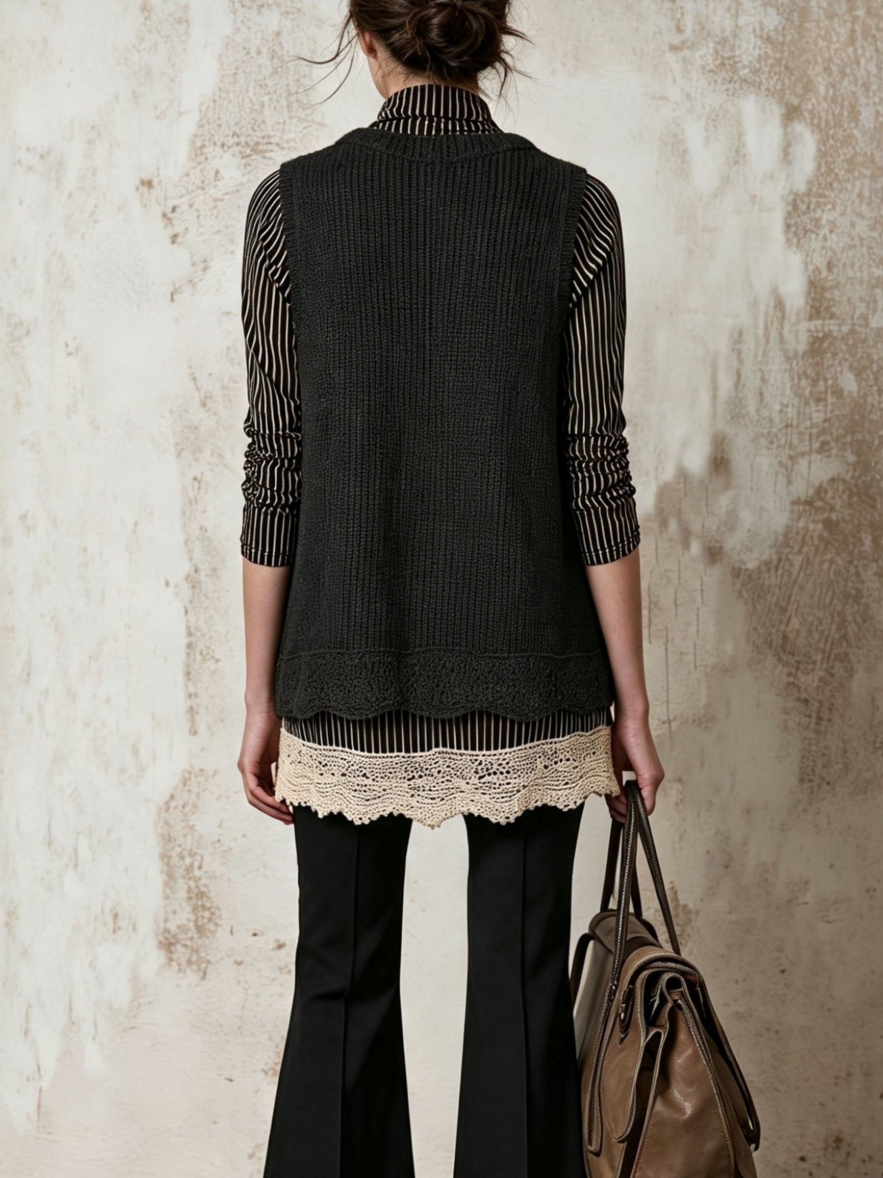 Striped Turtleneck Top & Knit Lace Hem Vest Two-Piece Set