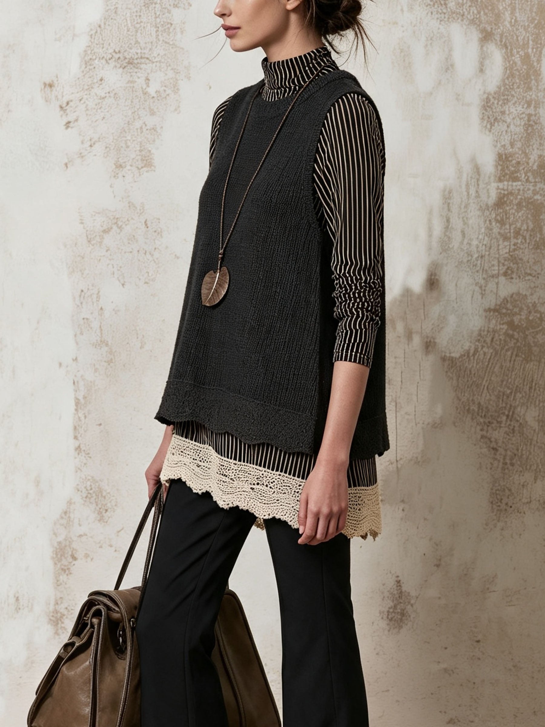 Striped Turtleneck Top & Knit Lace Hem Vest Two-Piece Set