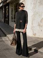 Striped Turtleneck Top & Knit Lace Hem Vest Two-Piece Set