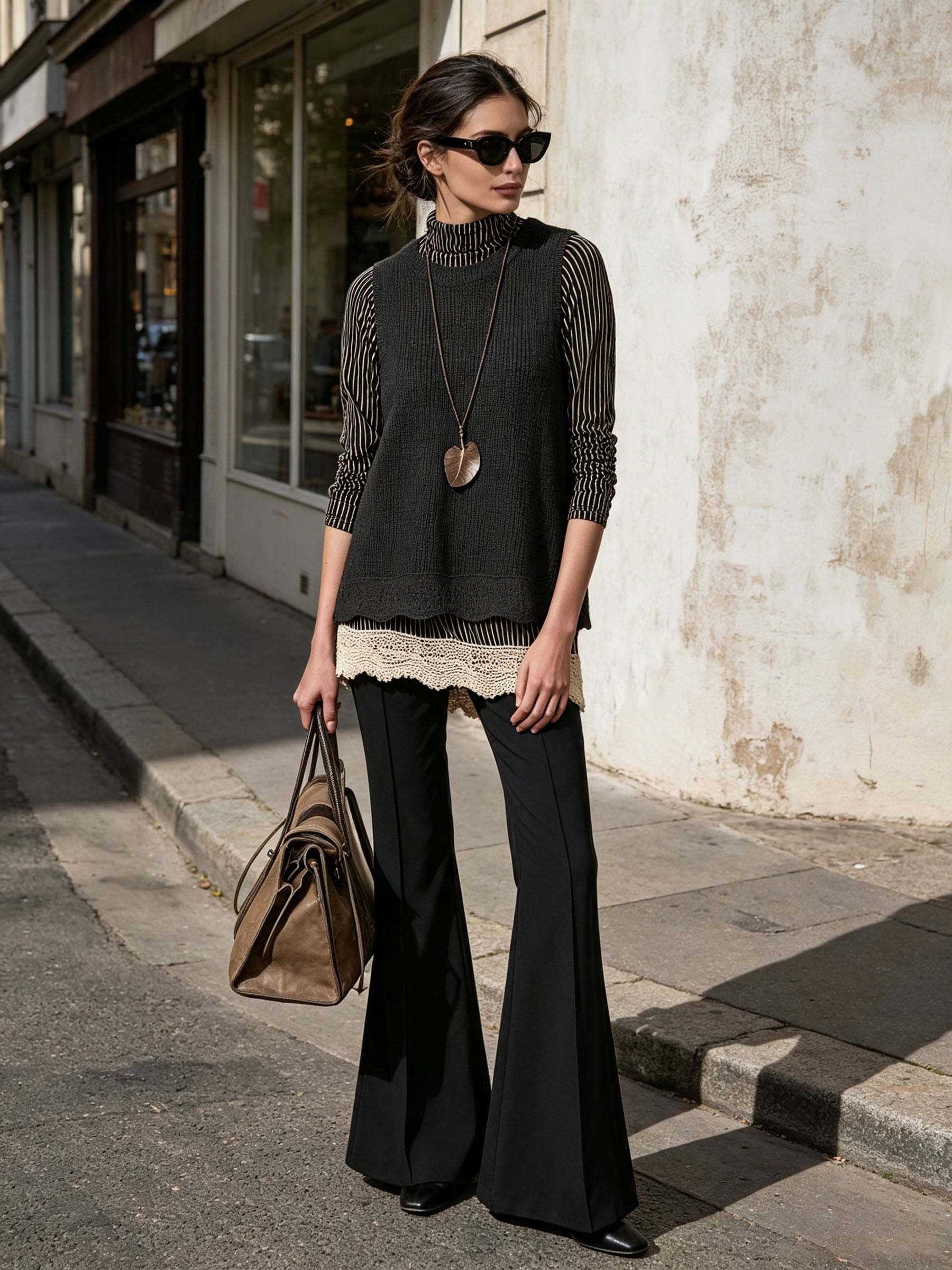 Striped Turtleneck Top & Knit Lace Hem Vest Two-Piece Set