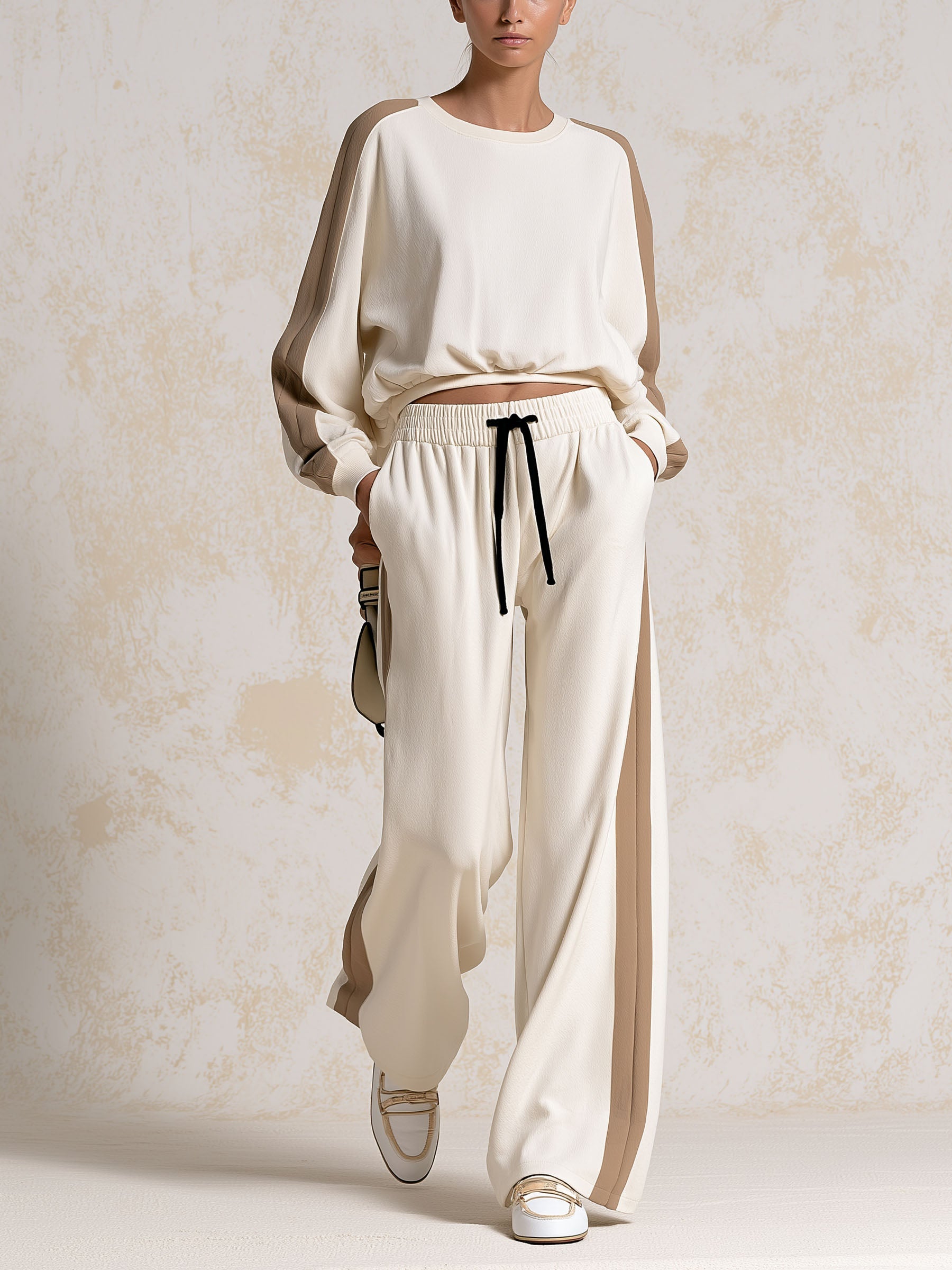 Color Block Long Sleeve Top & Wide Leg Track Pants Two-Piece Loungewear Set