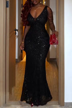 Women's Low Necked Waist Cinched Rhinestone Chain Dinner Party Style Dress