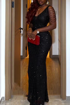 Women's Low Necked Waist Cinched Rhinestone Chain Dinner Party Style Dress