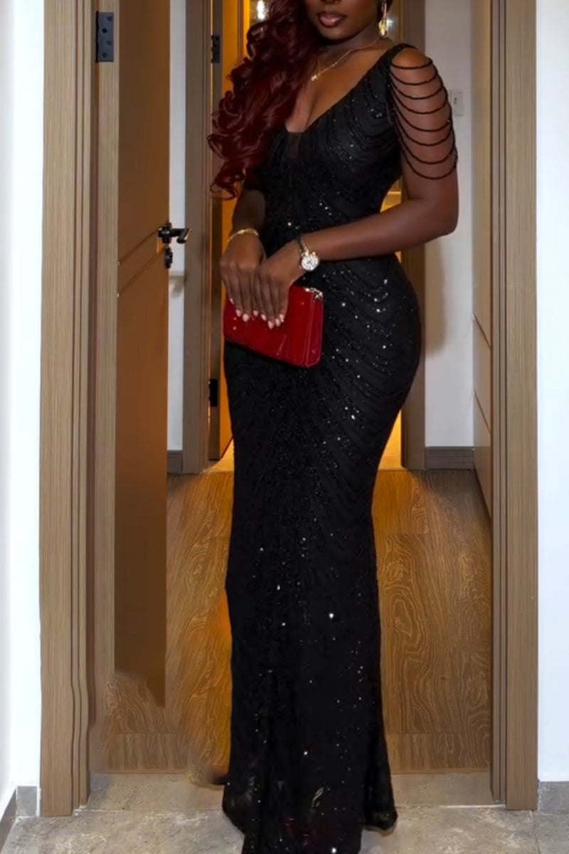 Women's Low Necked Waist Cinched Rhinestone Chain Dinner Party Style Dress