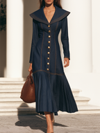 Women's Oversized Collar and Button Front Long Sleeve Denim Maxi Dress