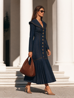 Women's Oversized Collar and Button Front Long Sleeve Denim Maxi Dress