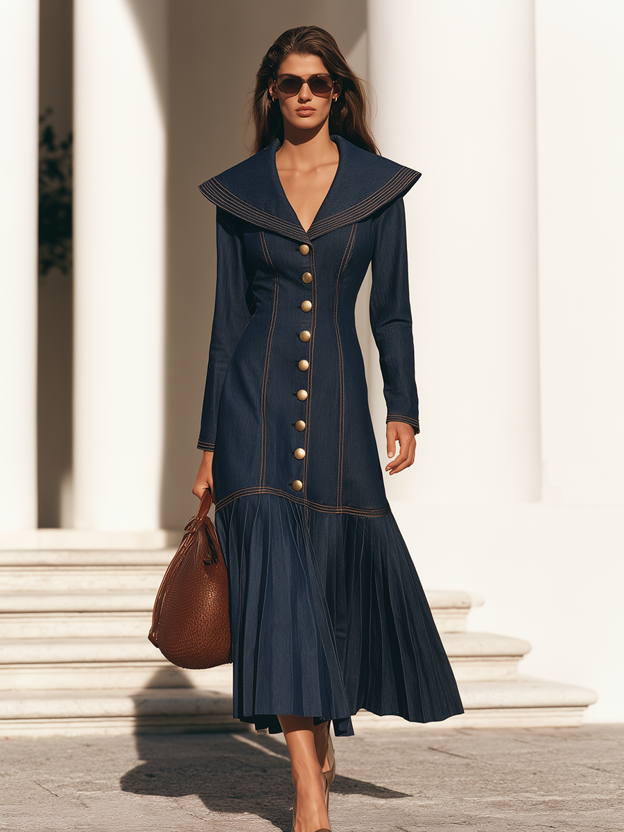 Women's Oversized Collar and Button Front Long Sleeve Denim Maxi Dress