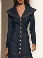 Women's Oversized Collar and Button Front Long Sleeve Denim Maxi Dress