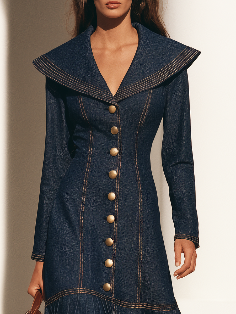 Women's Oversized Collar and Button Front Long Sleeve Denim Maxi Dress