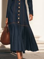 Women's Oversized Collar and Button Front Long Sleeve Denim Maxi Dress