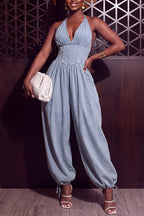 Women's Fashion Halter Waist Cinching Loose Pants Denim Jumpsuit