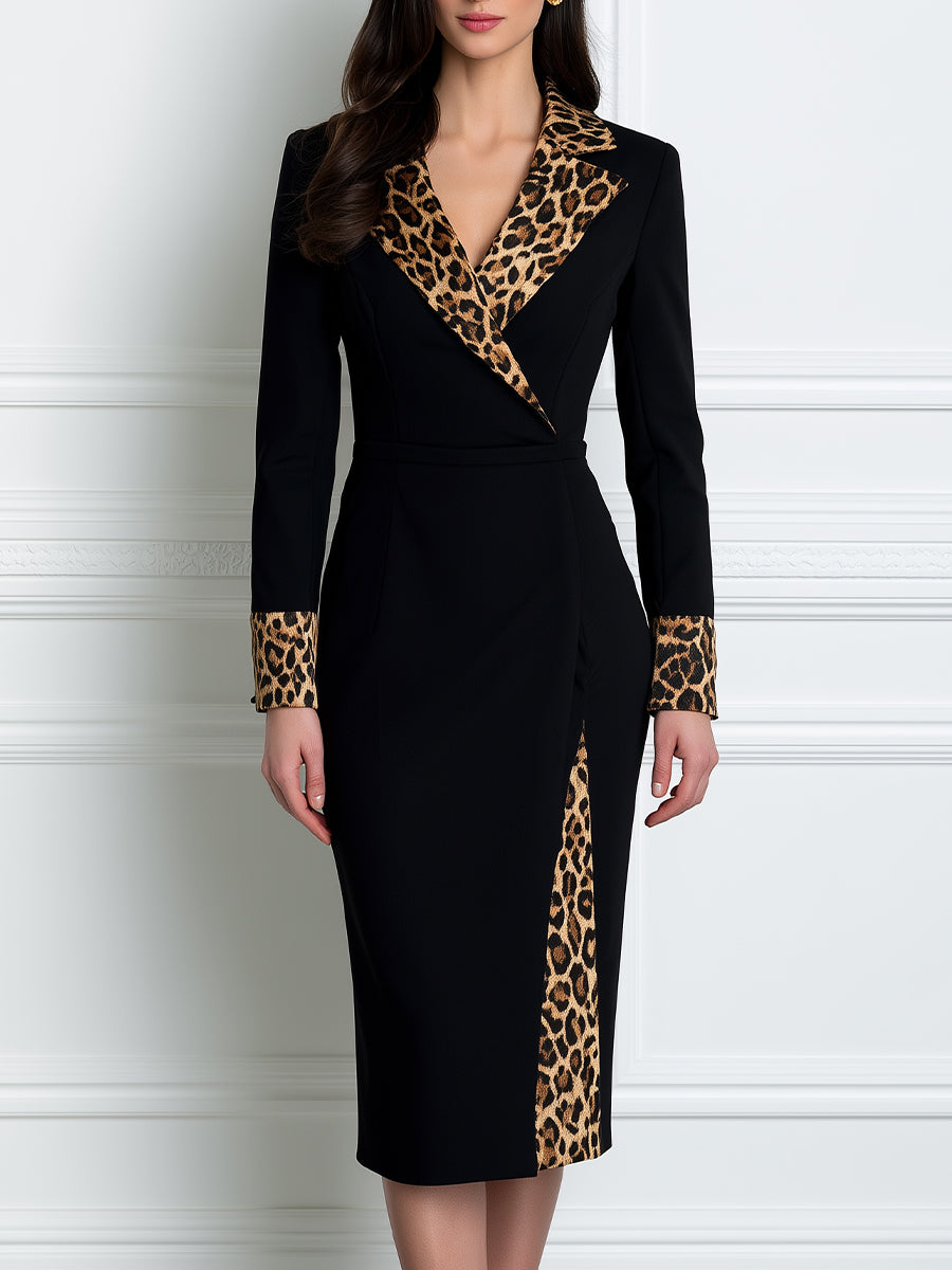 Long Sleeve Blazer Dress With Leopard Print Contrast Collar And Cuffs