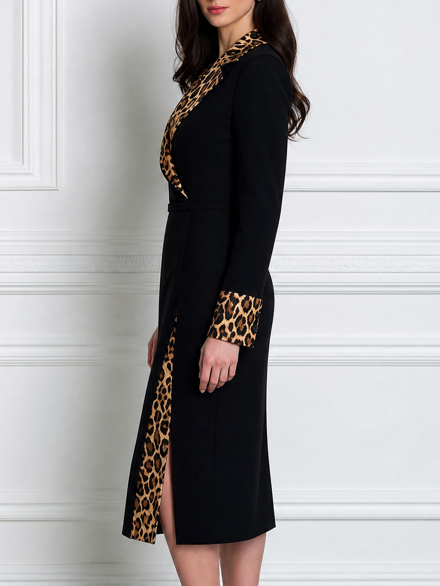 Long Sleeve Blazer Dress With Leopard Print Contrast Collar And Cuffs