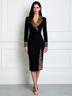 Long Sleeve Blazer Dress With Leopard Print Contrast Collar And Cuffs