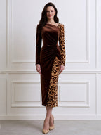 Asymmetric Leopard Print Velvet Ruched Bodycon Midi Dress