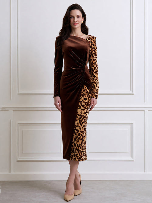 Asymmetric Leopard Print Velvet Ruched Bodycon Midi Dress
