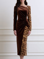 Asymmetric Leopard Print Velvet Ruched Bodycon Midi Dress