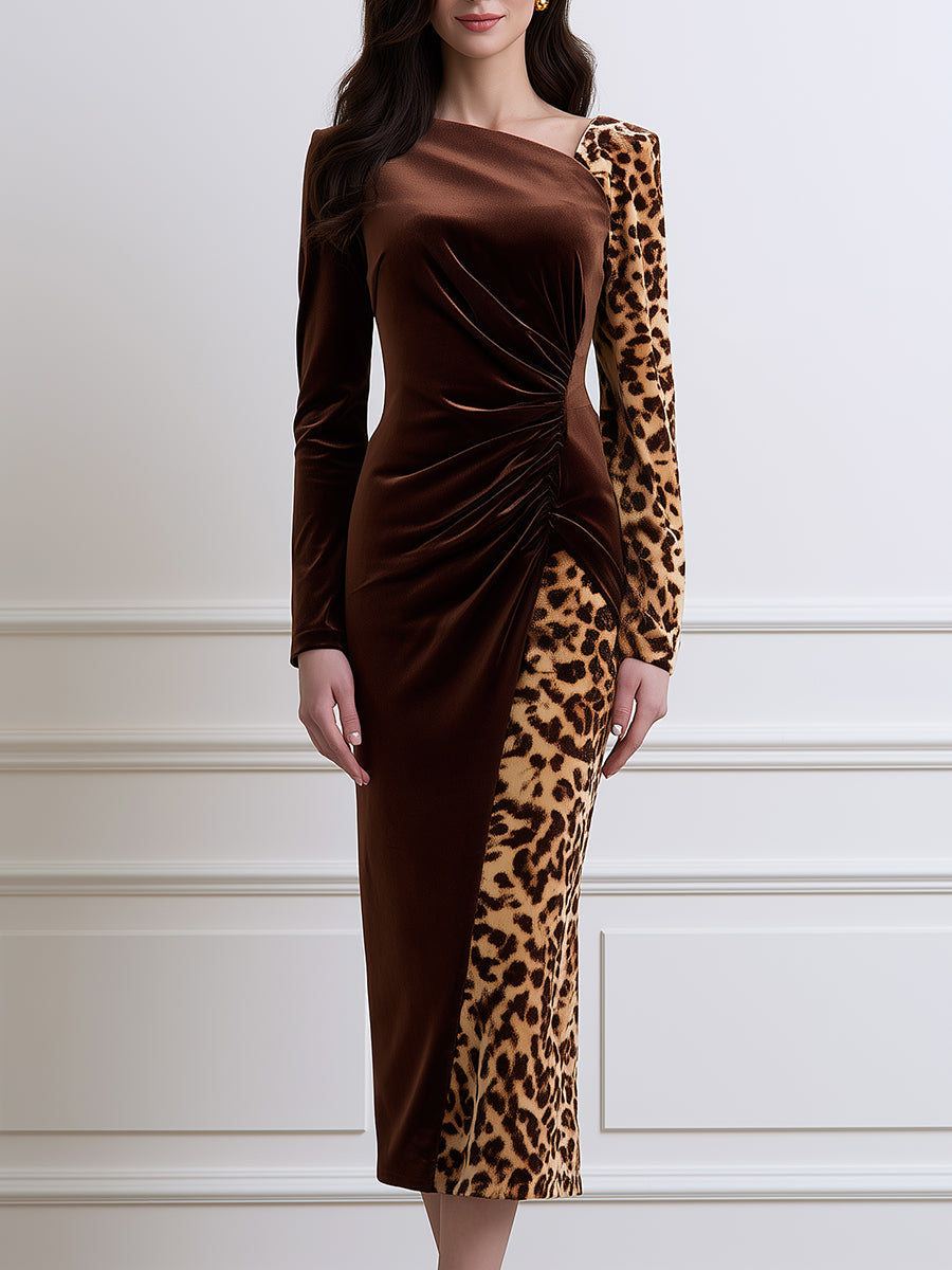 Asymmetric Leopard Print Velvet Ruched Bodycon Midi Dress