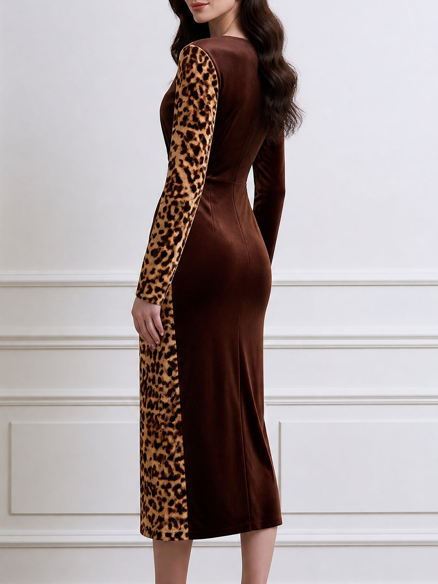 Asymmetric Leopard Print Velvet Ruched Bodycon Midi Dress