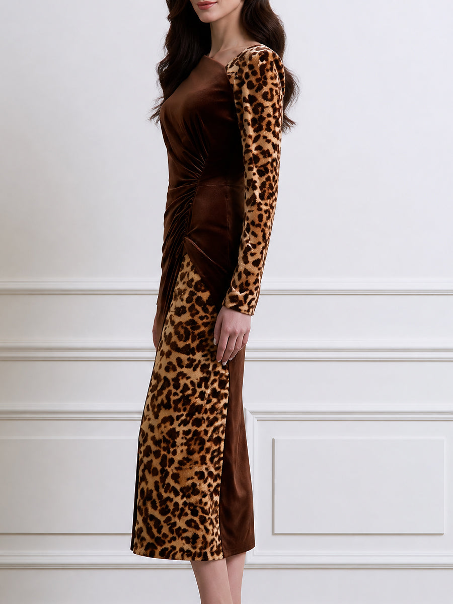 Asymmetric Leopard Print Velvet Ruched Bodycon Midi Dress