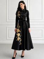 Gold Floral Embroidered Satin Shirt Midi Dress