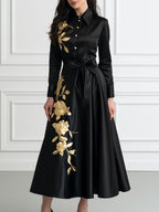 Gold Floral Embroidered Satin Shirt Midi Dress