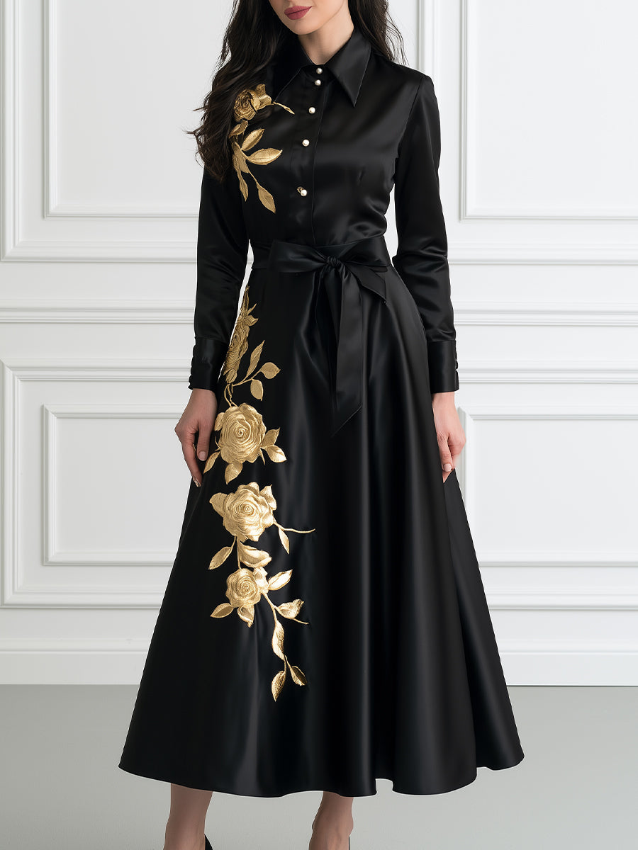 Gold Floral Embroidered Satin Shirt Midi Dress