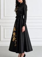 Gold Floral Embroidered Satin Shirt Midi Dress