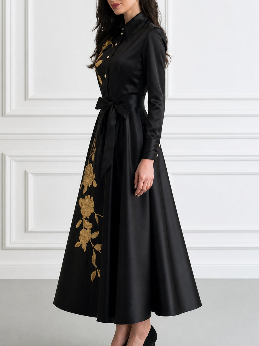 Gold Floral Embroidered Satin Shirt Midi Dress