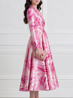 Abstract Floral Print Satin Blazer Midi Dress