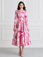 Abstract Floral Print Satin Blazer Midi Dress