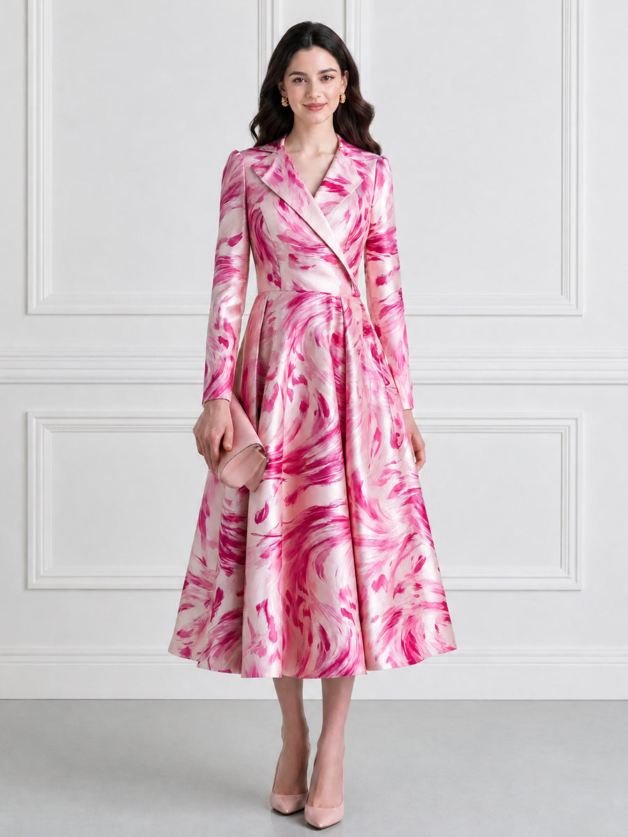 Abstract Floral Print Satin Blazer Midi Dress