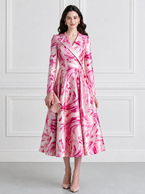 Abstract Floral Print Satin Blazer Midi Dress