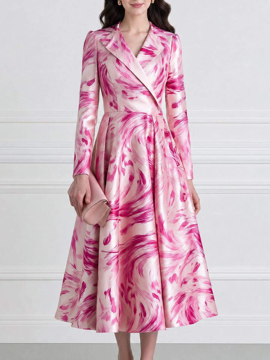 Abstract Floral Print Satin Blazer Midi Dress