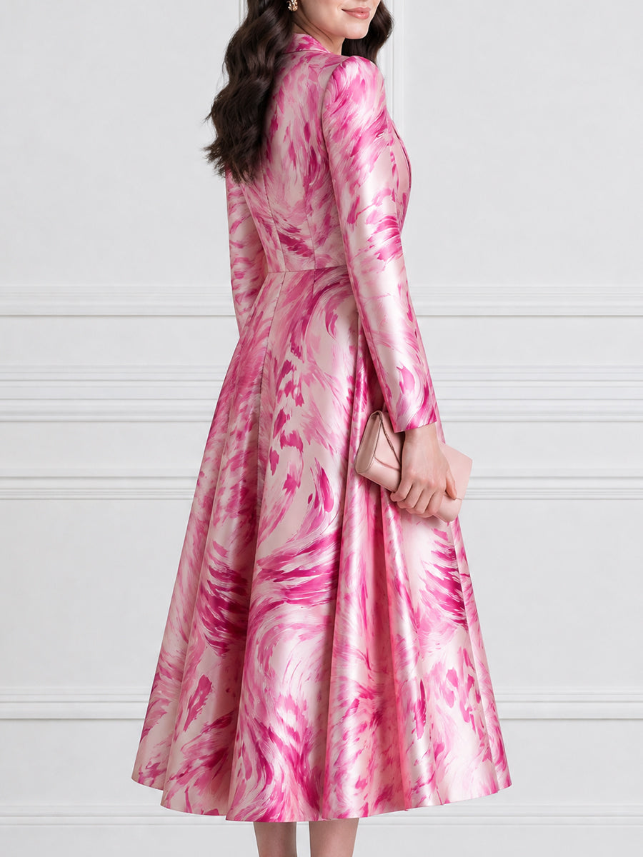 Abstract Floral Print Satin Blazer Midi Dress