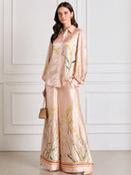 Floral Print Satin Long Sleeve Shirt & Wide Leg Pants Two-Piece Set