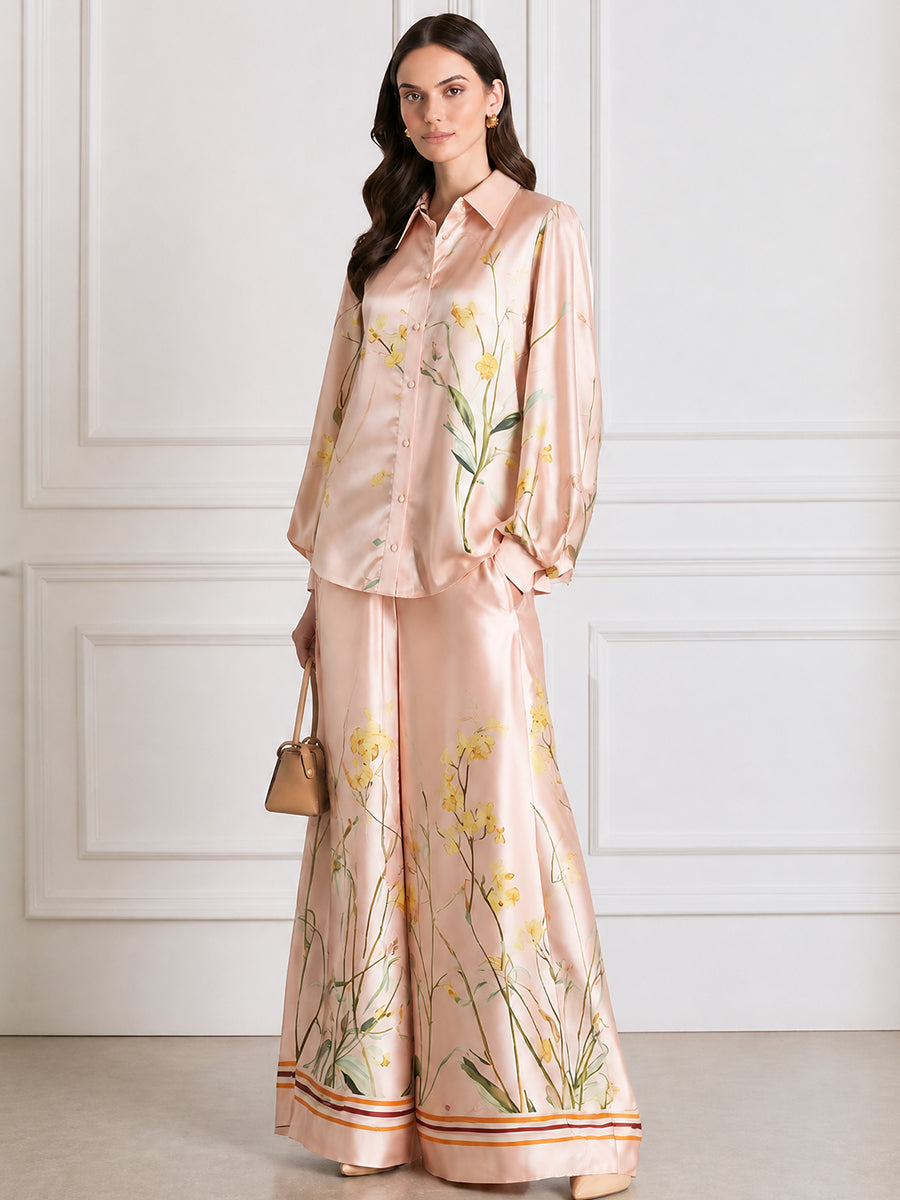 Floral Print Satin Long Sleeve Shirt & Wide Leg Pants Two-Piece Set