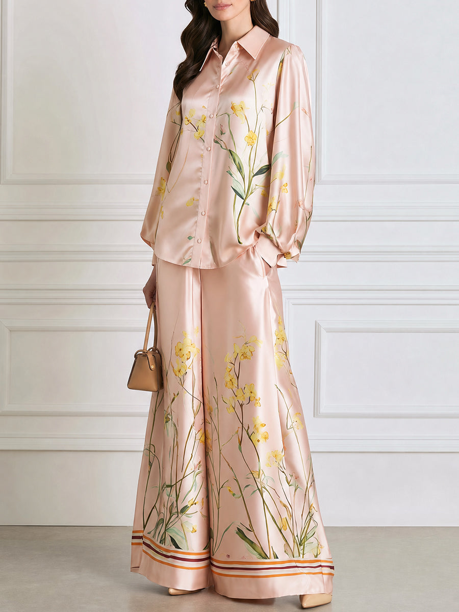 Floral Print Satin Long Sleeve Shirt & Wide Leg Pants Two-Piece Set