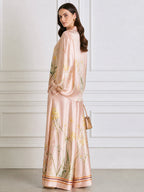 Floral Print Satin Long Sleeve Shirt & Wide Leg Pants Two-Piece Set