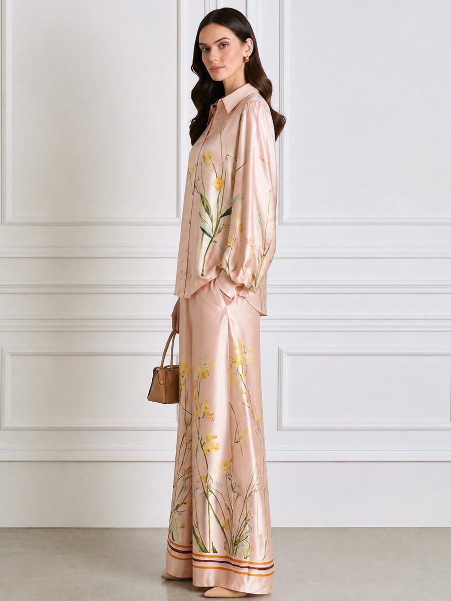 Floral Print Satin Long Sleeve Shirt & Wide Leg Pants Two-Piece Set